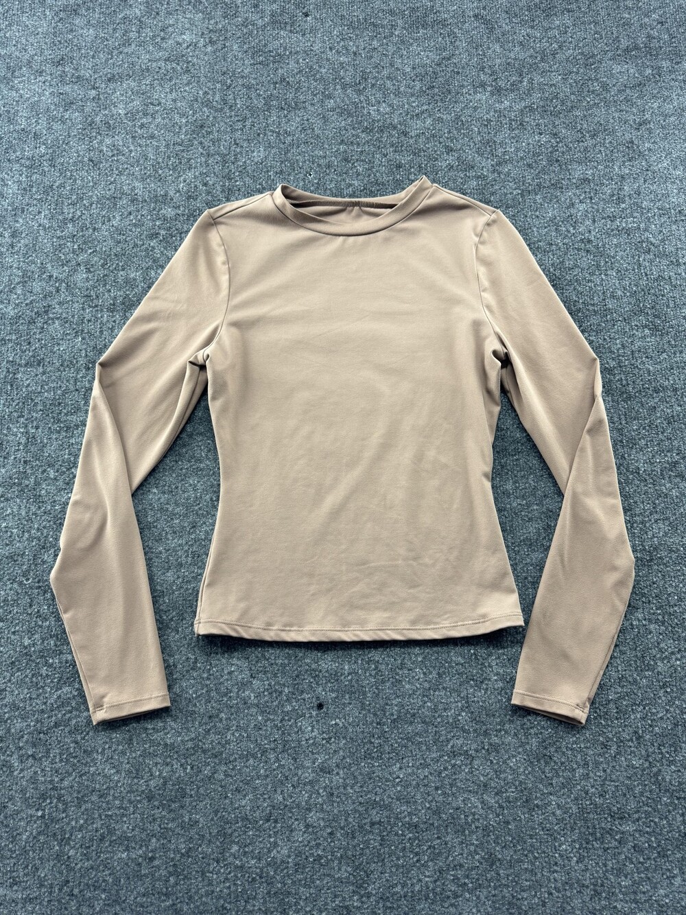 Trendy Queen Shirt Womens XS Beige Long Sleeve Crew Neck Stretch Top Basic